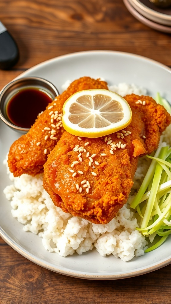 Crispy Air Fryer Chicken Katsu Recipe Crispy chicken katsu served with rice, tonkatsu sauce, and garnished with lemon and cabbage.